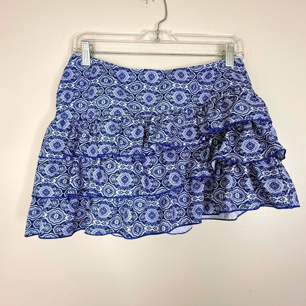 SHEIN Skort Women Medium Blue White Medallion Paisley Tiered Ruffle Asymmetrical